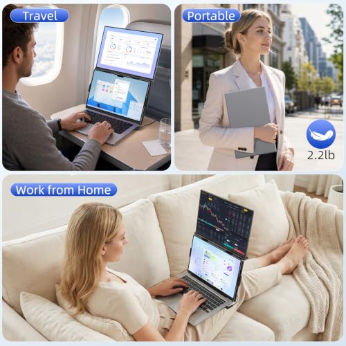 15.6" Dual Laptop Screen Extender - Ultra Thin Stacked Foldable Portable Monitor, FHD 1080P USB-C/HDMI Plug & Play, 180° Screen Adjustment for 13-17.3" Mac/Windows Laptops, Ideal for Work & Gaming