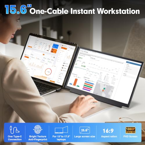 15.6" Laptop Screen Extender, FHD 1080 IPS Detachable Dual Screen Monitor fit for13-17.3" Laptop, One Cable Portable Plug & Play Travel Monitor Compatible with Windows/Mac/Android/Chrome