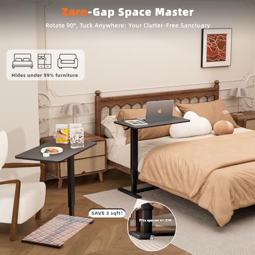 Adjustable Overbed Table with Wheels, Medical Bedside Table, Black | Alloy steel frame, 31.1"x15.3" walnut top, hydraulic 25.6-37.1", 50lb cap, C-base fits under bed, easy-clean, quiet casters - color: Black