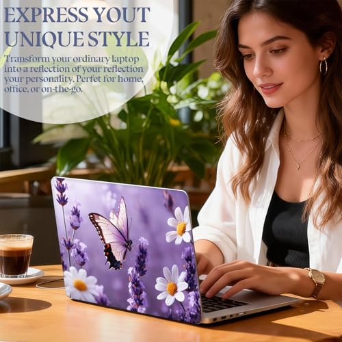 Universal Laptop Skin Sticker Decal, 15.6 Inch Laptop Vinyl Cover for 13"-15.6" Laptop, Waterproof Scratch-Resistant Protector Wrap,Reusable with Wrist Pads,Purple Butterfly Lavender Daisies - color: Purple Butterfly Lavender Daisies