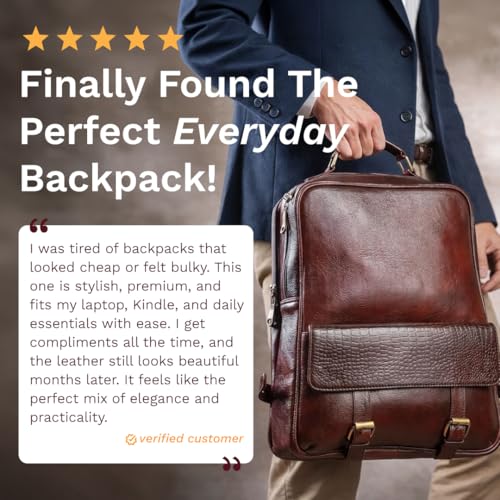 15.6" Luxury Burgundy Leather Laptop Backpack for Men & Women. Leather Bag for Professional Use in Office & Business - color: Burgundy