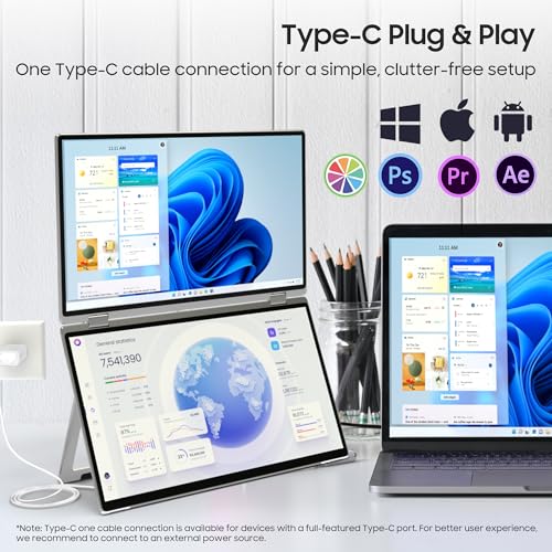 wisecoco 15.6" Dual Screen Touch Portable Monitor for Laptop Screen Extender IPS 1080P 360°Foldable Stacked Display with Kickstand HDMI USB-C for PC Laptop Windows Mac Driver-Free Flip S5+