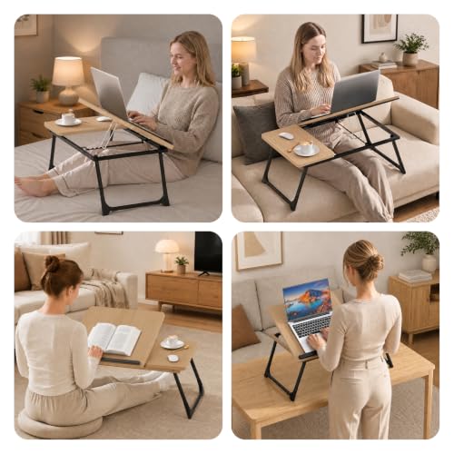 Laptop Bed Desk, 5-Angle Adjustable Bed Laptop Table with Cup Holder | Foldable Laptop Stand for Couch & Sofa, Portable Laptop Tray for Adults Writing Reading Eating, Walnut - color: Wlanut
