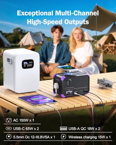 BROWEY Portable Power Station 153Wh Small Solar Generator with Hand Crank 120V 150W AC Outlet Lithium Battery Power Bank, Wireless Charging Emergency Charger for Outdoor Camping Travel Home Backup - color: Purple