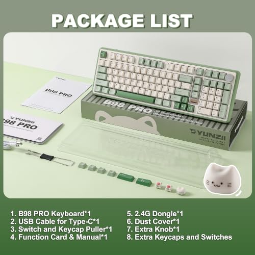 YUNZII B98 PRO QMK/VIA Wireless Mechanical Gaming Keyboard,96% Layout with Numpad and Cute Cat Knob, BT/2.4G/USB-C,Linear Switch Hot Swap Gasket,RGB for Win/Mac (Matcha Green, Candy Linear Switch) - color: Matcha Green, size: Candy Linear Switch