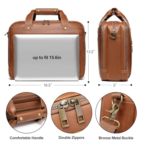 Leather Briefcases for Men 15.6 Inch Laptop Messenger Bag with Triple Compartments Water-Resistant Computer Shoulder Bag for Business, Travel, Work, Office, Coffee - color: Coffee