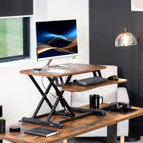 VIVO 28 inch Desk Converter, K Series, Height Adjustable Sit to Stand Riser, Dual Monitor and Laptop Workstation with Keyboard Tray, Rustic Vintage Brown Top, Black Frame, DESK-V028KN - color: Vintage Brown, size: 28"