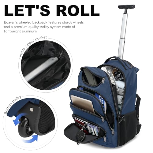 Boavan Rolling Backpack,17 inch Water Resistant Wheeled Backpack,Carry on Luggage Business Bag, Overnight College Computer bag Trolley Suitcase for Men Women Adults to Travel,Black - color: Navy, size: 17.3 inches