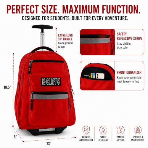 Heavy Duty Rolling Backpack School Bookbag with Wheels Deluxe Wheeled Daypack - color: Red