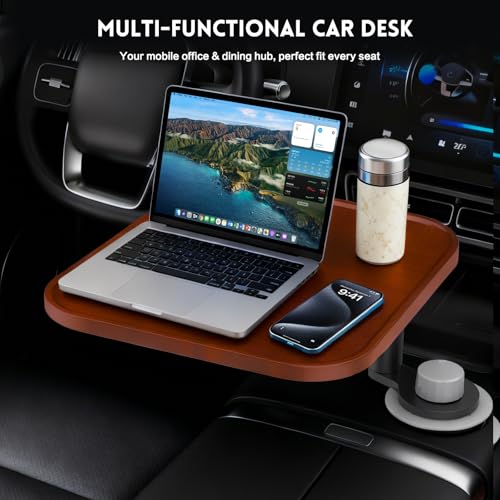 360° Rotation Car Desk for Laptop, Height-Adjustable Cup Holder Table, Wooden Car Food Tray & Laptop Mount Compatible with Tesla Model Y/3/S, Ford F150/Explorer/Maverick & Most Vehicles (Warm Walnut)