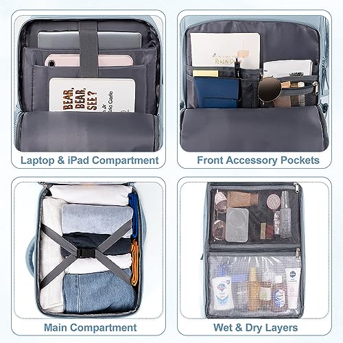 Sinaliy Travel Backpack for Women, Flight Approved Carry On Backpack, College Bag, Casual Daypack, Hiking Waterproof Business Bag | Waterproof 16 Inch Laptop Backpack for Work, College, Weekend, Business, Travel Bag with Wet Pocket, Light Blue - color: Li