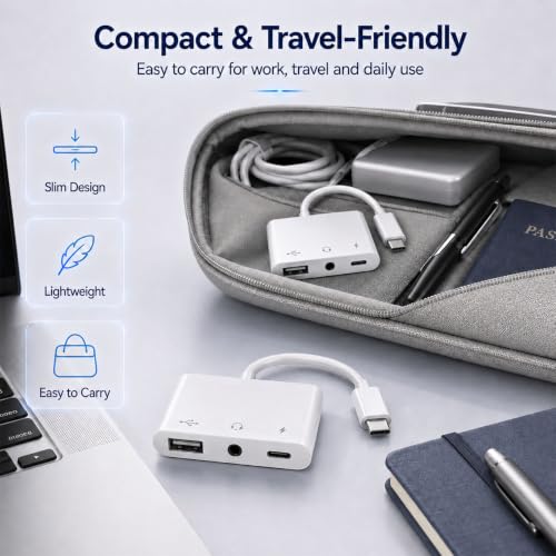 3-in-1 USB C Adapter for iPhone 15 16, USB C to USB-A OTG Adapter with 3.5mm Headphone Jack & PD Fast Charging Port, USB C Splitter for MacBook Pro Air, iPad Pro, Samsung Galaxy S23 S24