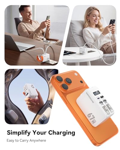 SUPERONE 67W Retractable Wall Charger with USB-C and Apple Cables 5-in-1 | Retractable Charger with Dual USB Ports, Laptop GAN Fast Charging Block & Built Watch Charger for MacBook Pro, iPhone, Galaxy - color: White