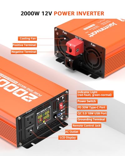 2000W Pure Sine Wave Power Inverter 12V DC to 110V AC Converter for RV Truck Off-Grid Solar Inverter with 2 Quick Charging USB Ports,Dual AC Outlets,LCD Display and Remote Control - size: 2000W-12V