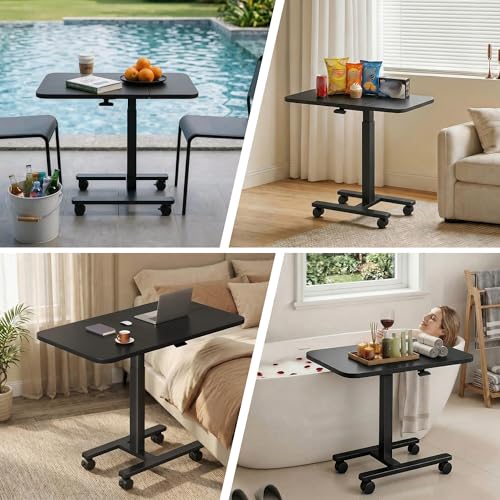Homkdom C Shaped Table with Wheels, Side End Table with Extended Desktop, Adjustable Rolling Desk for Small Space, Dorm, Height Adjustment (29.5"-44"), Black - color: Black