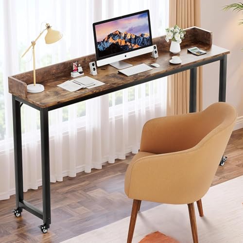 Clevich Overbed Table with Wheels, 16" D x 71" W x 41" H Mobile Bed Desk | Queen Full Size Mobile Computer Desk with eavy Duty Metal Leg, Standing Laptop Cart, for Bedroom, Living Room - color: Brown