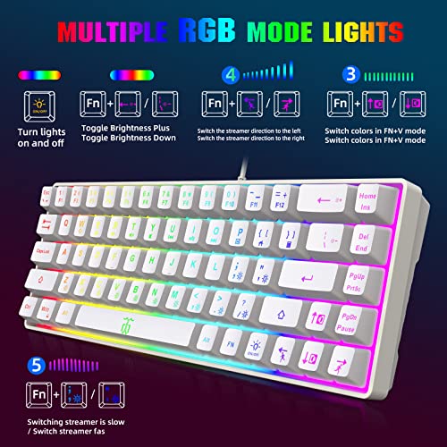 Snpurdiri 60% Percent Gaming Keyboard, Compact RGB Backlit Ergonomic Small Mini Keyboard for Windows, PC, Laptop, Gaming (68 Keys, White) - color: White