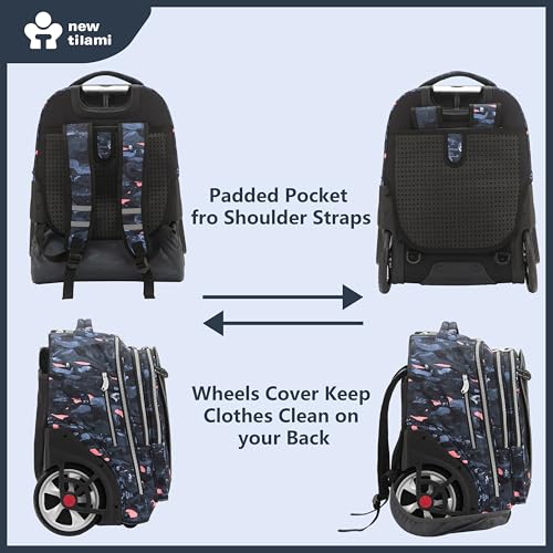 NEW TILAMI 20 Inch Rolling Backpack for School Stair-Climbing Big Wheel | Teen Boys Girls Carry-on Suitcase Large Organizer Compartment 15.6 Laptop Sleeve Adjustable Handle Roller Travel Bag College - color: Grey Stone