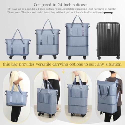 VOOWO Duffel Bag with Wheels - Rolling Foldable Expandable Duffle Bag with Wheels for Travel, Rolling Luggage Bag Carry On Travel Bag with Wheels, Large Wheeled Overnight Weekender Bag (Blue) - color: Blue
