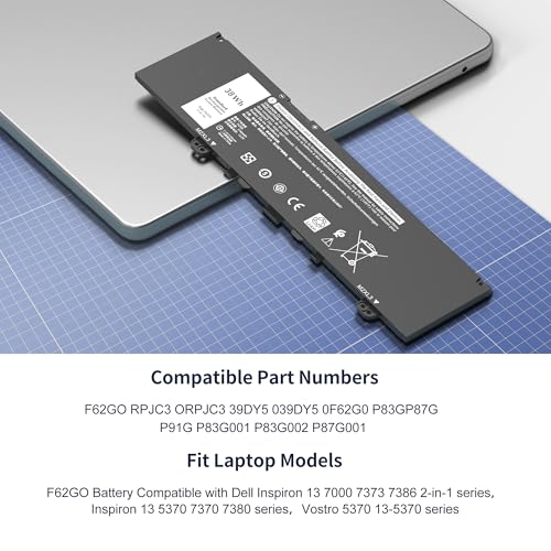 F62GO Battery Compatible with Dell Inspiron 13 5370 7000 7370 7373 7380 7386 2-in-1 P83G P87G P91G P83G001 P83G002 P87G001 Vostro 13 5370 Series 039DY5 0F62G0 RPJC3 0RPJC3 F62GO 11.4V 38Wh - style: F62GO