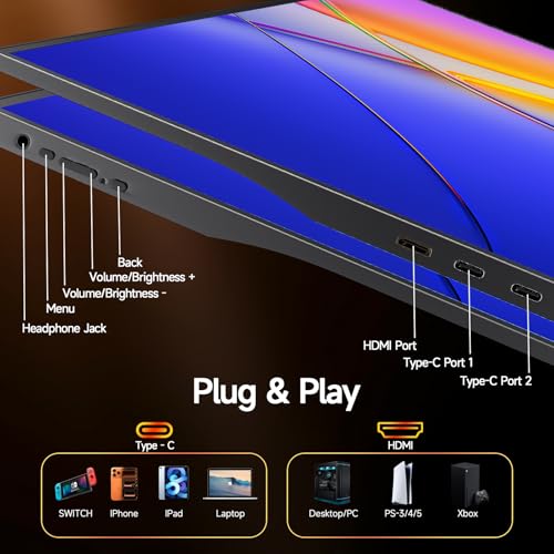 15.6" Portable Monitor 1080P FHD IPS, 250 Nits Brightness, Adjustable Kickstand with VESA Mount, USB-C HDMI, Dual Speakers, Ultra-Slim Travel Laptop Second Screen for Phone PC PS5 - size: 15.6"Kickstand