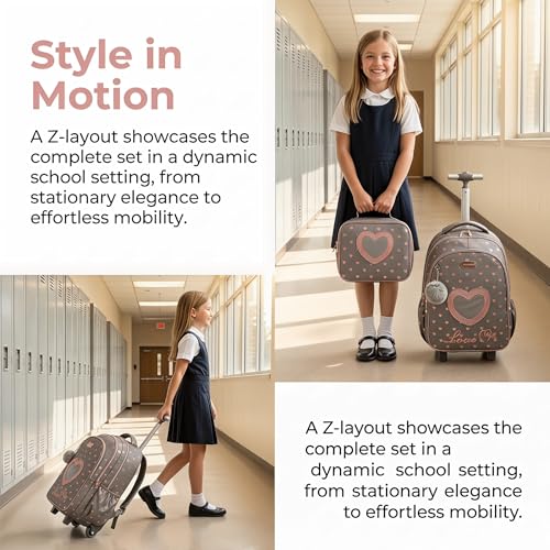 School Bags Kids Rolling Backpack for Girls Kids Luggage Suitcase With Wheels - color: Coffee23-3-6