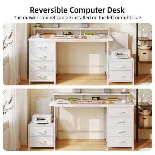 52 Inch Office Desk with 6 Drawers and Printer Space for Storage, Reversible Computer Desk with Monitor Stand & Power Outlets, Home Office Desks, White - color: White