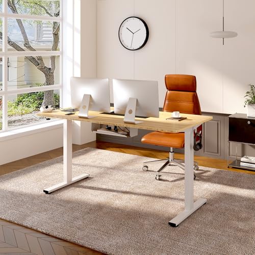 FLEXISPOT EN2 55"x28" Bamboo Electric Standing Desk with Power Strip | Solid Bamboo Desktop, Cable Management, Convenient Clamp Power Strip, And Clean Home Office Setup, White Frame - color: Bamboo Top + White Frame, size: 55x28"