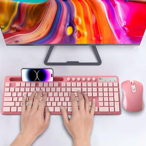 Wireless Keyboard and Mouse Combo, MARVO 2.4G Ergonomic Wireless Computer Keyboard with Phone Tablet Holder, Silent Mouse with 6 Button, Compatible with MacBook, Windows (Sakura Pink) - color: Sakura Pink