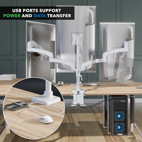 Mount-It! Triple Monitor Desk Mount, 13-27" Screens, White | Gas spring arms with VESA 75 & 100 compatibility, clamp or grommet base, built-in USB-A and USB-C ports. - color: White