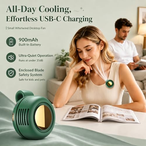 Portable Clip-On Fan, Mini Bladeless Waist Fan, 5100RPM 25dB Ultra-Quiet 3-Speed Rechargeable Small Whirlwind Fan, Hands-Free Personal Cooling for Outdoor Travel Office Camping with USB-C - color: Green