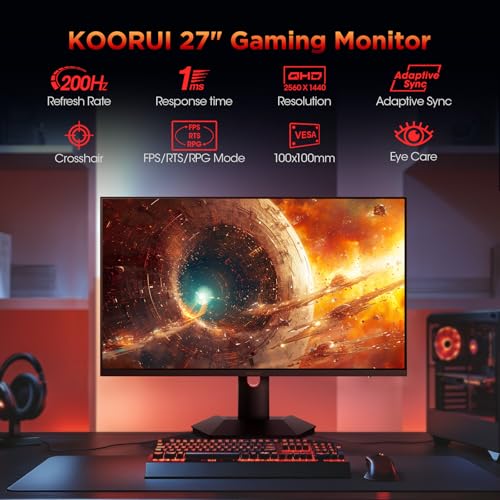 KOORUI 27 inch Mini-LED IPS Gaming Monitor, 200Hz 1ms, QHD 1440P HDR1000 | 97% DCI-P3, Adaptive Sync, PiP/PBP, Swivel/Pivot/Height Adjustable, HDMI and DisplayPort, Premium Gaming, Content Creation - size: 27"/QHD/200Hz