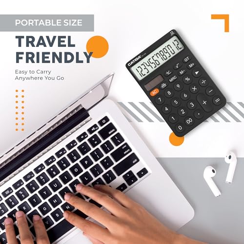 CATIGA 12 Digit Desktop Calculator with Large LCD Display, 4 Funtions Calculator, Round Design Big Button, Solar and Battery Dual Power, Standard Function for Office, Home, School, SD-1292 - color: 2.1) Black