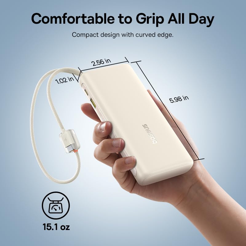 Baseus Portable Charger with Built in Cable, 100W Laptop Power Bank 20000mAh, Travel Essential Fast Charging USB C Battery Pack for MacBook, iPhone 17/16 Series, Samsung Galaxy S25/24, TSA-Approved - color: White