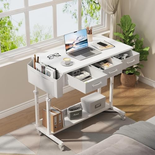 White Portable Rolling Computer Desk - 40 Inch Adjustable Mobile Standing Teacher Desks with 3 Fabric Drawers on Wheels, Couch Sofa Side Laptop Stand Up Table with Storage for Home Office, White - color: White, size: 39.5"