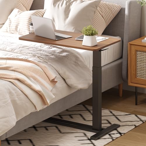 32''Large Medical Overbed Bedside Table with Wheels,Rolling Table | 31.5''x17.7'' Mahogany Pneumatic Tilting Desktop,Overbed Bedside Table with Hidden Casters for Hospital Use - color: Mahogany, size: Large