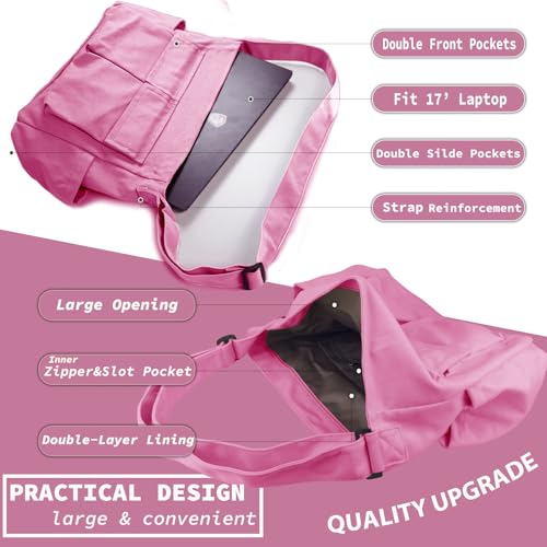Canvas Messenger Bag Large Hobo Crossbody Bag with Multiple Pockets Casual Shoulder Tote Bag for Women and Men - color: Pink