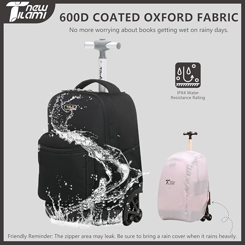 NEW TILAMI 16 Inch Rolling Backpack with Lunch Bag for Girls Boys School | 6-Wheel Stair-Climbing Girls Boys Carry-on Suitcase Water-Resistant Adjustable Trolley Handle Wheels School Travel Camping - color: Solid Black