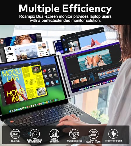 Laptop Screen Extender, 15.6" FHD 1080P IPS Portable Monitor for Laptop, Dual Monitor Extender for 13"-17.3" Laptops, Compatible with MacOS, Windows