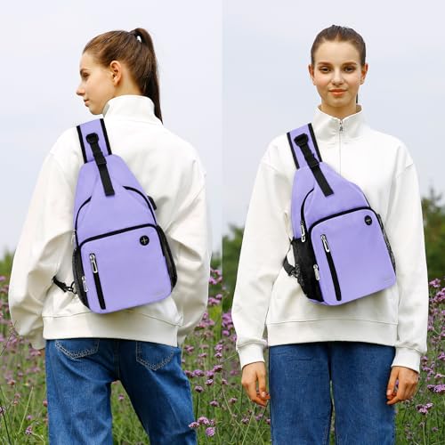 MOSISO Sling Backpack Bag, Crossbody Shoulder Bag Travel Hiking Daypack Chest Bag with Front Square Pocket&USB Charging Port - color: Lilac