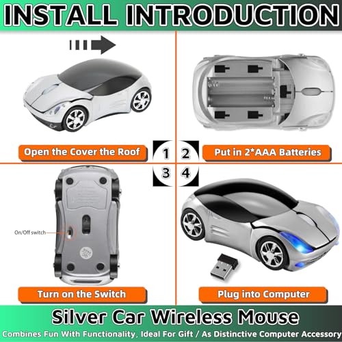 Silver Car Mouse,Computer Mice 2.4G 1600DPI with USB Reciver for Computer Wireless Computer Mouse Wireless Cute Wireless Mouse for Laptop Tablet for Windows Mac OS(Silver) - color: SILVER