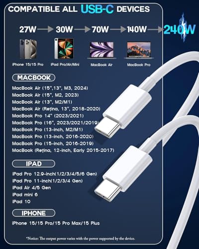 USB C to USB C, 240W USB C Cable, 6.6ft C to C Cable Fast Charging for Macbook Pro/Macbook Air, iPad Pro 12.9-inch, iPhone 15/Pro Max/Pro/Plus, Samsung Galaxy S23,Compatible 140W/100W /65W/45W/35W/20W - color: White, size: 6.6FT