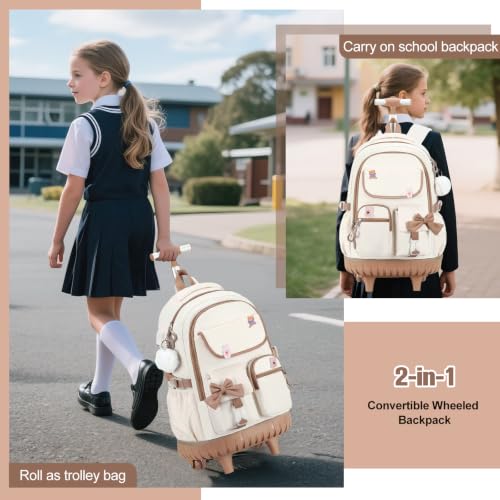 ACESAK Rolling Backpack for Girls - Roller Wheels School bag with Lunch Bag & Pencil Pouch for Teen Girls Kids Wheeled Suitcase Backpacks, Elementary Middle School Travel Daypack(Beige Khaki) - color: Beige Khaki