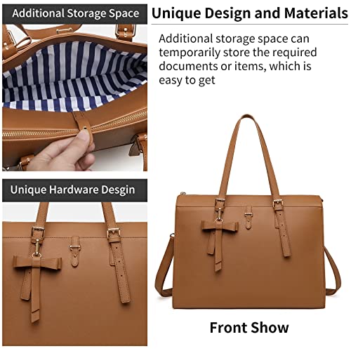 Keyli 4pc Sets Laptop Bag for Women Large Leather Laptop Briefcase with USB Charging Port Computer Shoulder tote Bags Purse - color: Brown