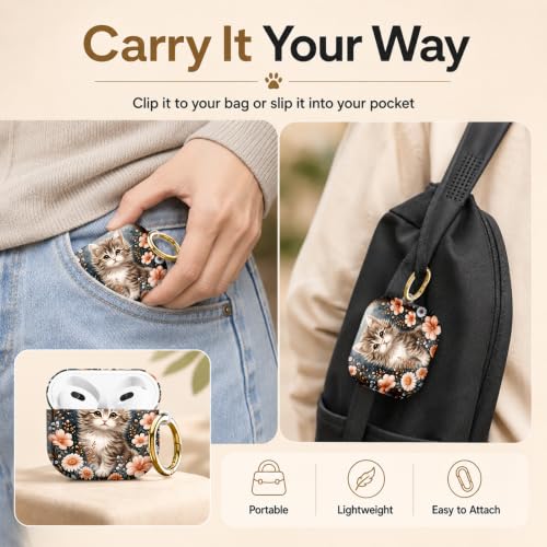 Compatible with AirPod 4 Case 2024, Cute Hard Plastic Protective Cover for Airpod 4th Generation Women, Shockproof Shell Skin with Gold Ring Keychain,Cute Cat Floral - color: Cute Cat Floral