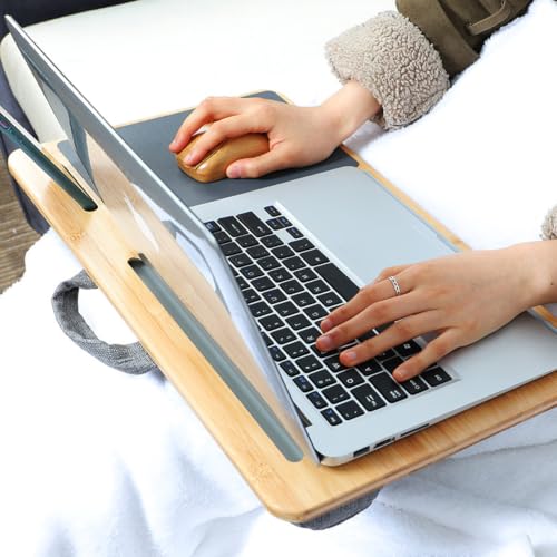 Lap Desk for Laptop with Cushion, Bamboo Laptop Stand with Anti-Slip Strip Tablet Phone Holder and Mouse Pad Fits up to 17 inch Portable Computer Lap Desk for Couch, Bed & Car - size: Large