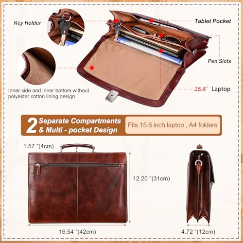 Banuce Italian Full Grain Leather Briefcase for Men Fits 15.6 inch Laptop | Travel-friendly Luggage Strap,15.6 inch Lawyer Briefcase,Anti-Theft Key Lock,Expandable,Detachable Strap,Work,Business Travel