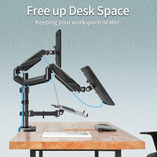 MOUNTUP Dual Monitor and Laptop Mount, Adjustable Monitor Stand for 2 Max 27" Computer Screens, Laptop Tray Fits 10-17inch Notebook, Holds 4.4-17.6lbs Per Arm, 3-in-1 Adjustable Monitor Desk Mount - size: Triple, style: With Pole