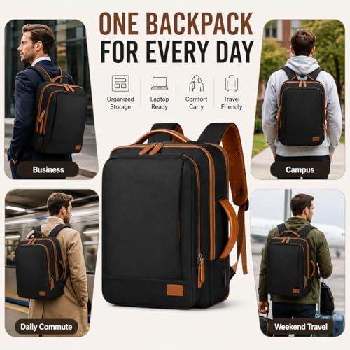Business Laptop Backpack for Men and Women, Large Capacity Travel Backpack with USB Charging Port, Carry On Work Backpack with Padded Shoulder Straps, Black