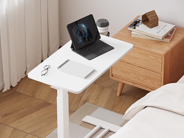 28'' Medical Overbed Bedside Table with Wheels,Rolling Table | 28''x16'' White Table Top+White Edging Wood Grain Pneumatic Tilting Desktop,Overbed Table for Hospital Use - color: White+white, size: Small